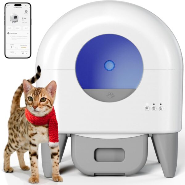 Fumoi Large Self-Cleaning Cat Litter Box, App Control, Safety Sensors for Multiple Cats, Grey