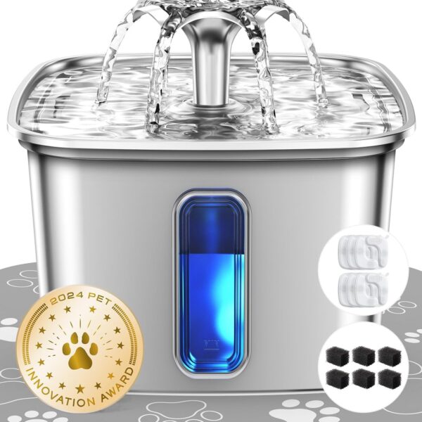 Stainless Steel Pet Water Fountain Ultra Quiet 5-Stage Filtration with Filters & Mat