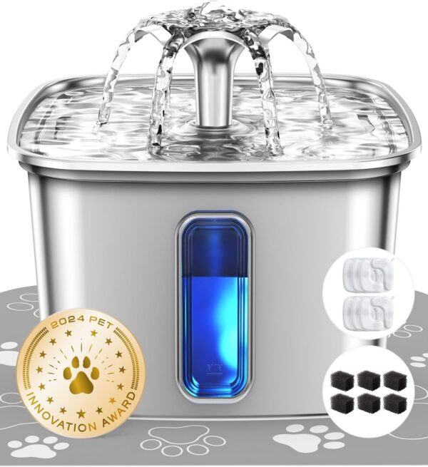 Stainless Steel Pet Water Fountain Ultra Quiet 5-Stage Filtration with Filters & Mat