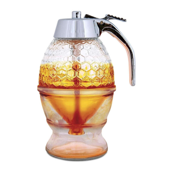 Hunnibi 8oz Glass Honey Dispenser with Stand Honeycomb Design Hunnibi 8oz Glass Honey Dispenser with Stand Honeycomb Design