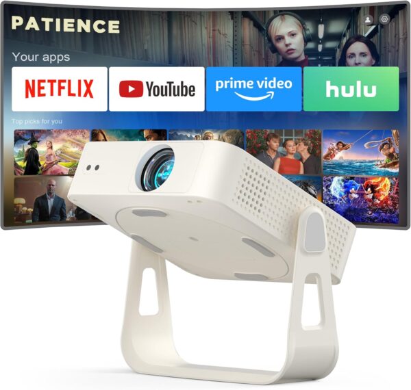 Portable 1080P Smart Projector WiFi Bluetooth 4K Supported with 360° Stand White