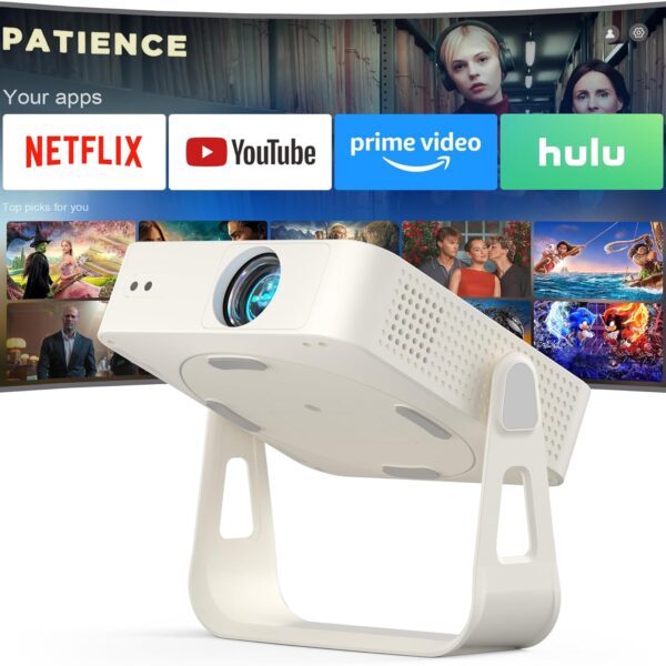 Portable 1080P Smart Projector WiFi Bluetooth 4K Supported with 360° Stand White